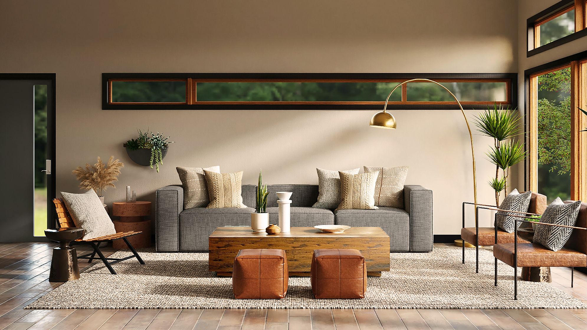 Japanese styled lounge: long with window over a grey sofa