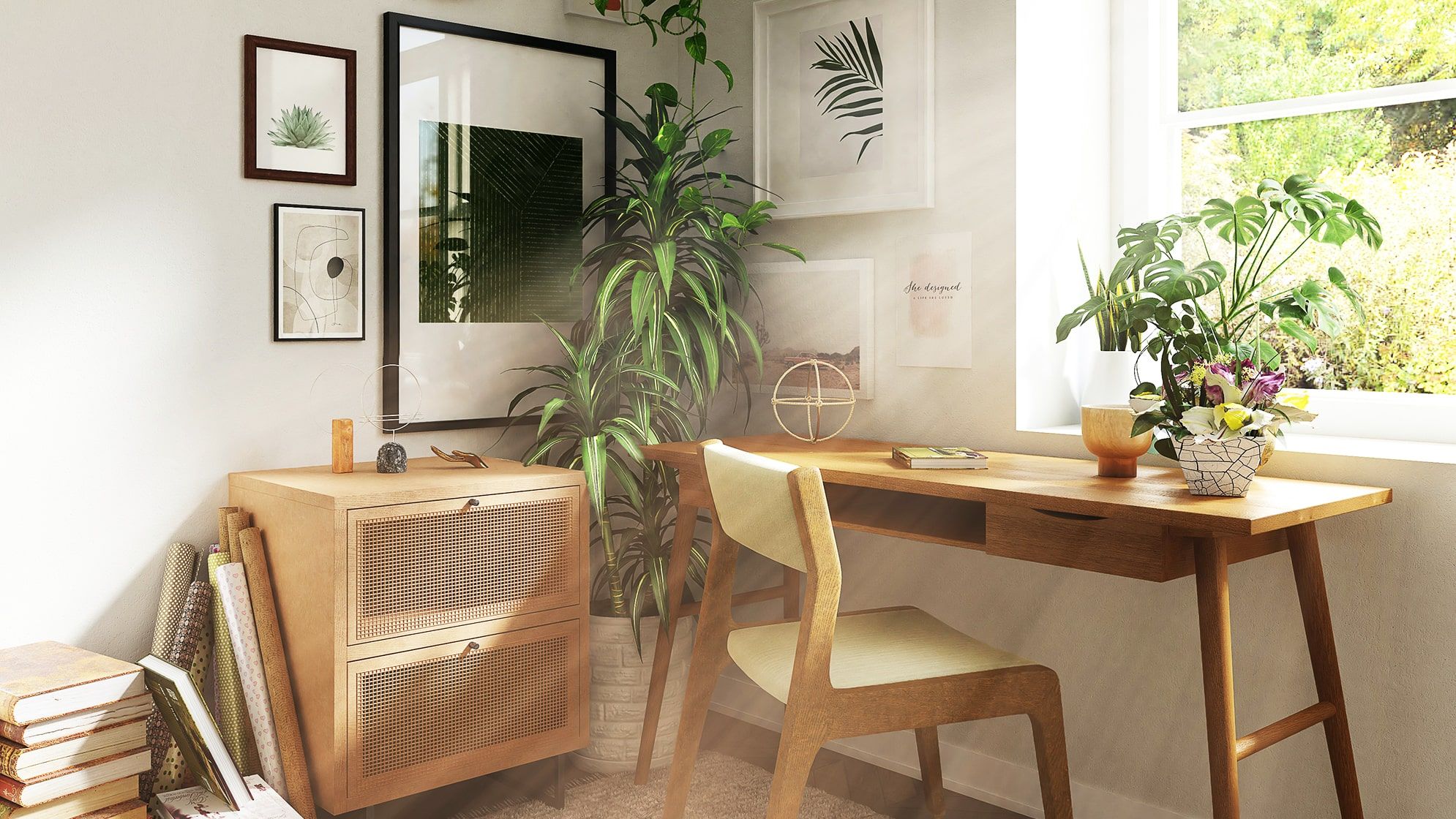 Rays of light entering a home office with houseplants on the desk and in the corner of the room