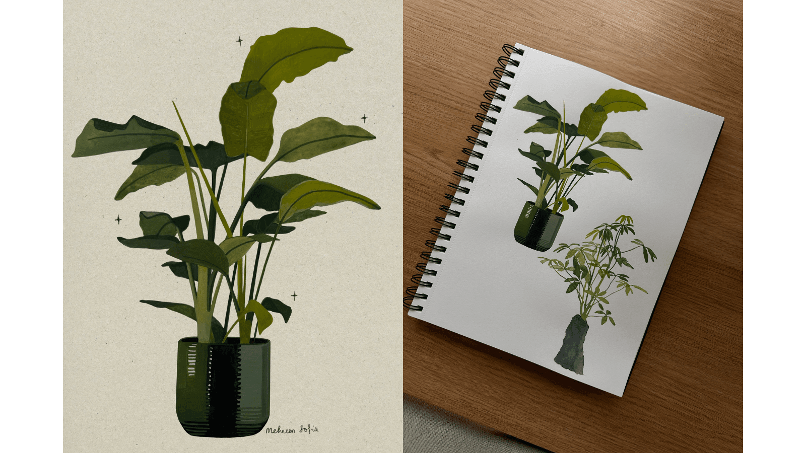 Two images showing paintings of a Bird of Paradise plant and a Schefflera on lava