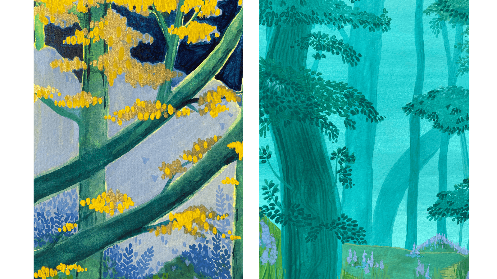 Two images of trees painted in blue, yellow and turquoise