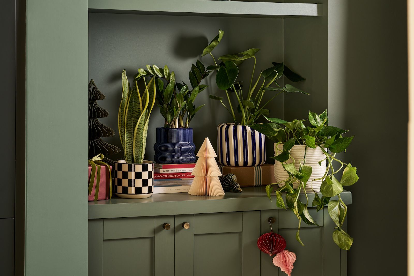 A snake plant, ZZ plant, Swiss cheese plant and 'Marble Queen' pothos in pots and decorated with Christmas baubles