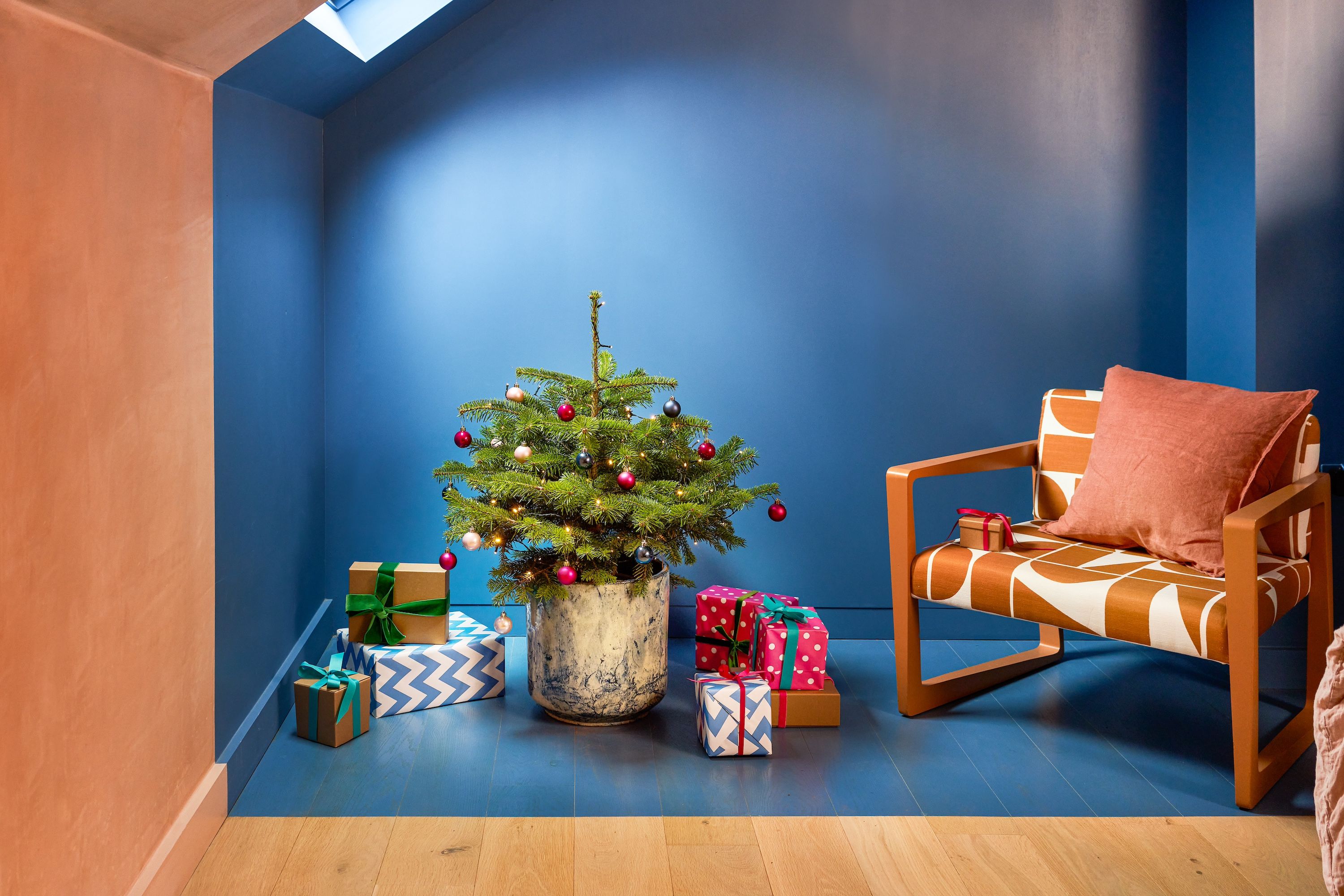 A small Nordmann fir decorared with colourful baubles and Christmas lights.