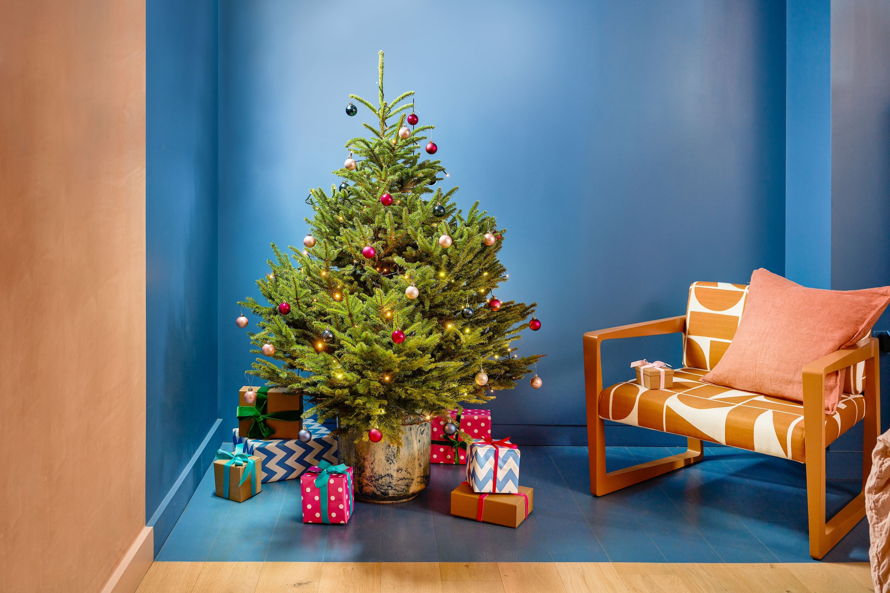 A Christmas tree in a blue-walled room, sitting in a decorative pot and adorned with baubles.