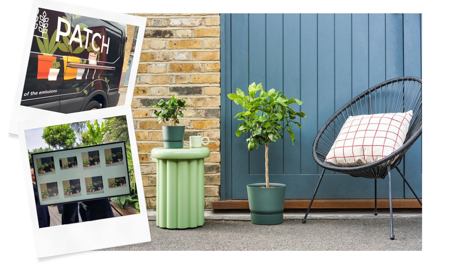 Three images showing a Patch-branded van, a screen with lots of photographs on it, and an outdoor scene with a garden chair, green side table and mini tree.