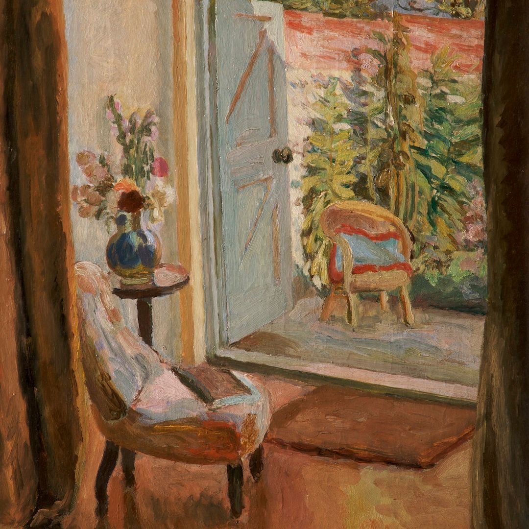 A painting shows a chair looking angled to look out of a door into a garden.