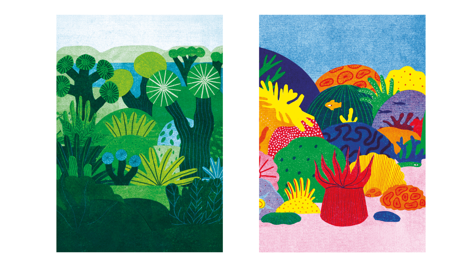 Two graphic artworks, one depicting a jungle scene in greens and blues, and the other a coral underwater scene in rainbow colours