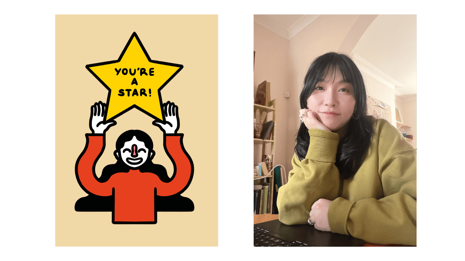 Two images, one showing a graphic print of a girl in a red top holding a gold star, and the other is a photograph of a woman wearing a green jumper