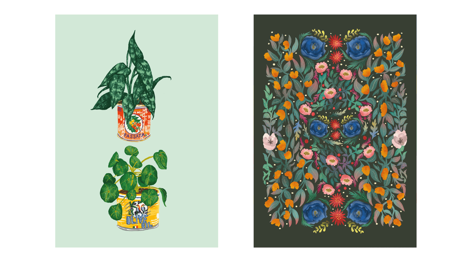Two illustrations, one showing plants housed in passata and olive oil tins, and the other showing a folk-style floral print