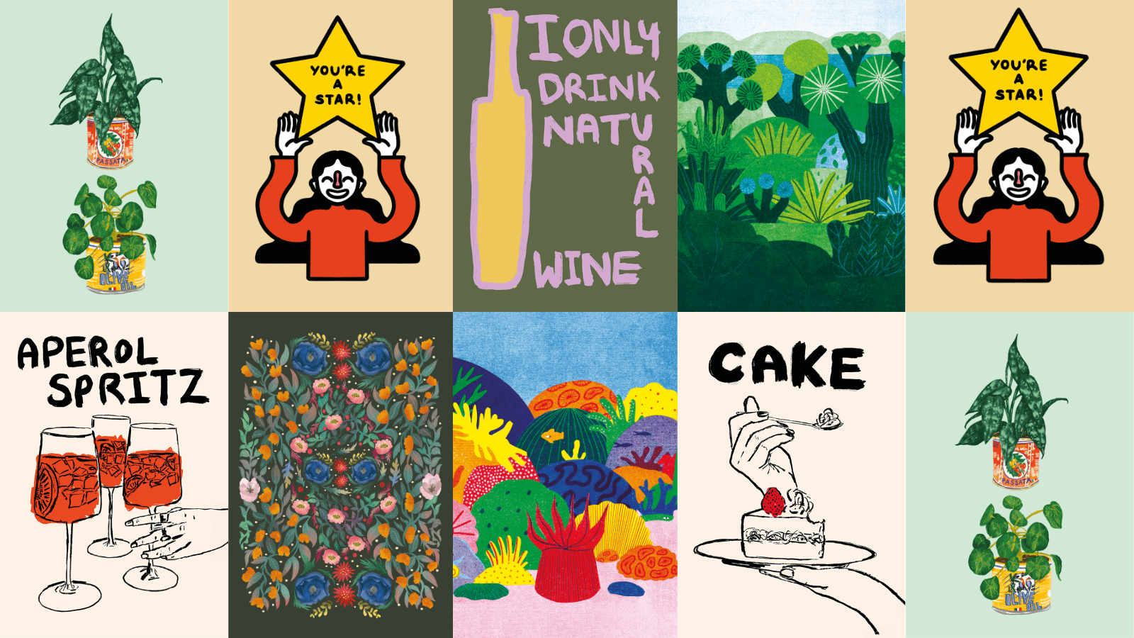 A collage of illustrations from Patch's greeting cards, featuring food, jungles and plants